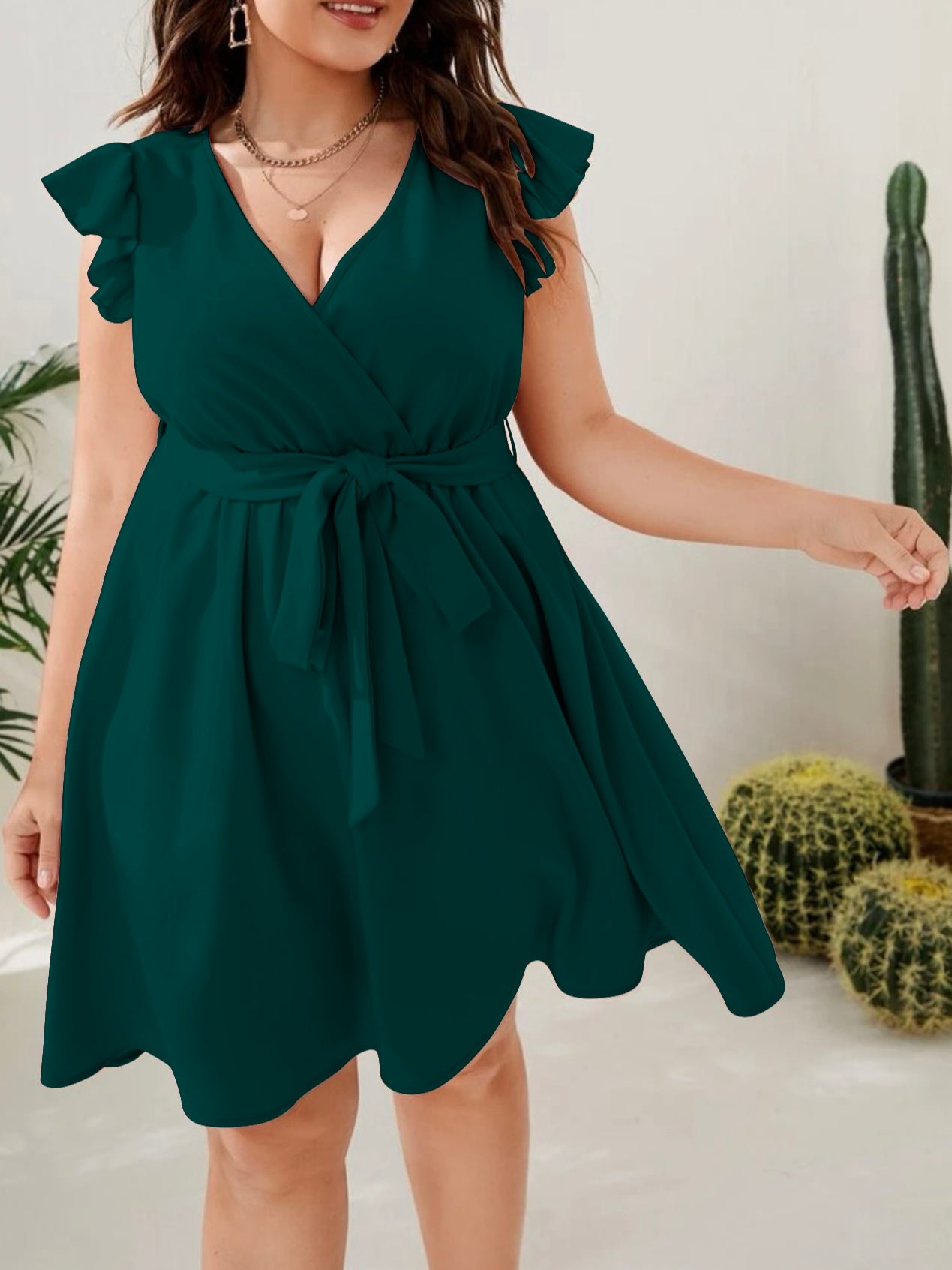 Surplice V-neck Ruffle Sleeve Self Belt Garter Plus Size Dress