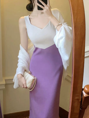 Color Contrast Two Tone Semi Sweet-heart Neckline Knitted Dress