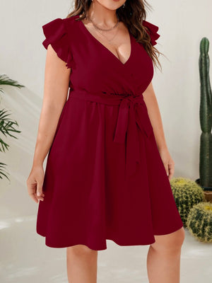 Surplice V-neck Ruffle Sleeve Self Belt Garter Plus Size Dress