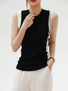 Round Neck Two Tone Sleeveless Office Knitted Top