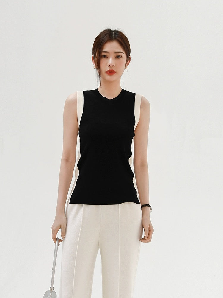 Round Neck Two Tone Sleeveless Office Knitted Top