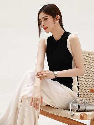 Round Neck Two Tone Sleeveless Office Knitted Top