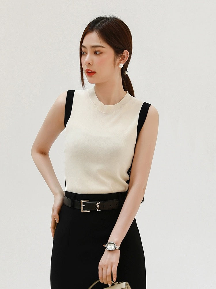 Round Neck Two Tone Sleeveless Office Knitted Top