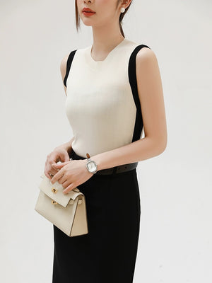 Round Neck Two Tone Sleeveless Office Knitted Top