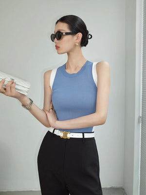 Round Neck Two Tone Sleeveless Office Knitted Top