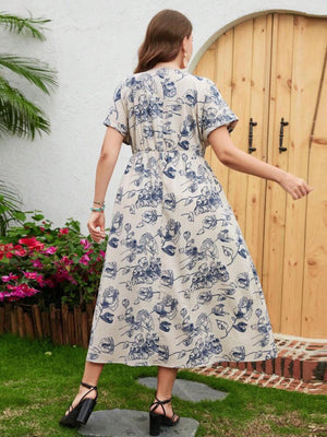 Fold-up Batwing Sleeve Garter Vintage Floral Plus Size Dress