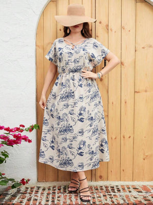 Fold-up Batwing Sleeve Garter Vintage Floral Plus Size Dress