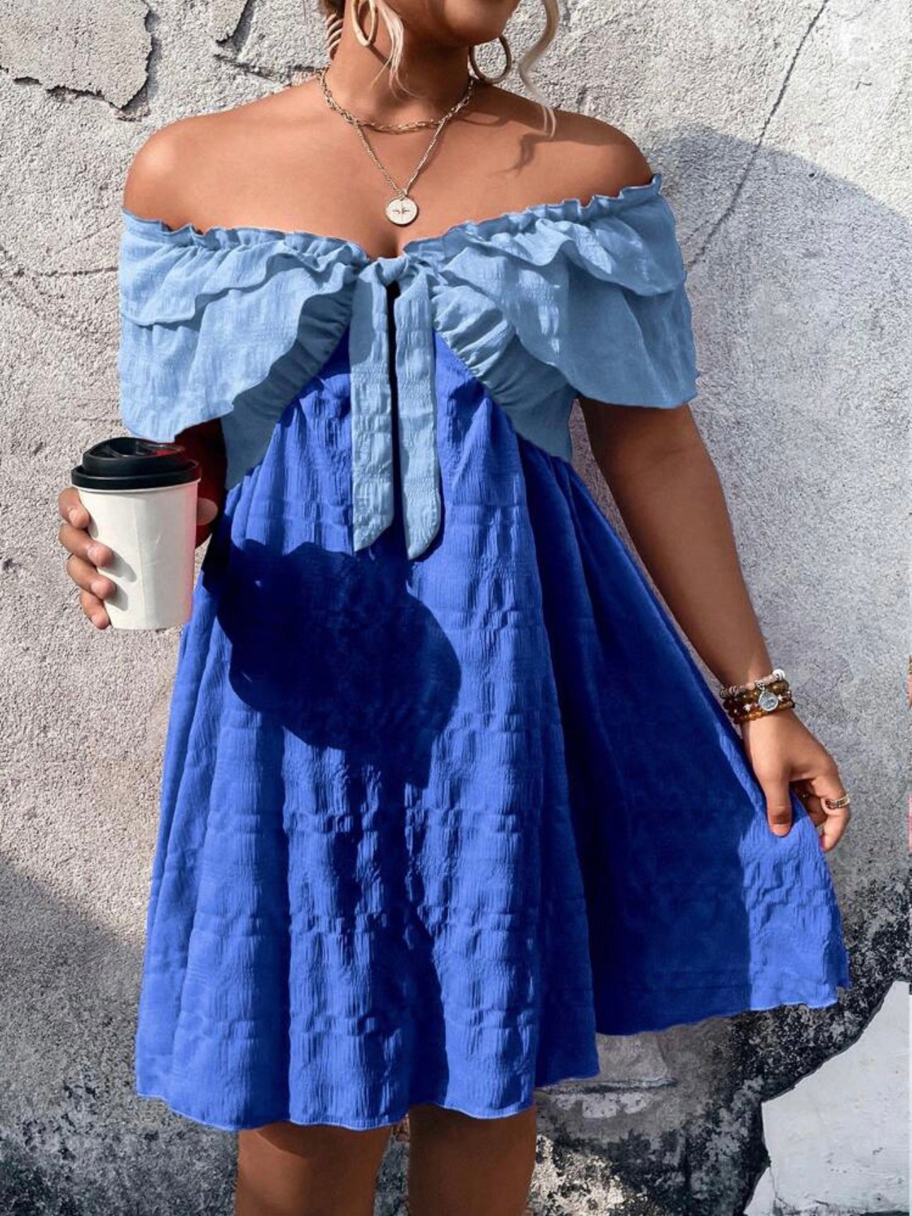 Two Tone Off Shoulder Ribbon Front  Plus Size Dress