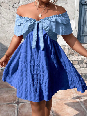 Two Tone Off Shoulder Ribbon Front  Plus Size Dress