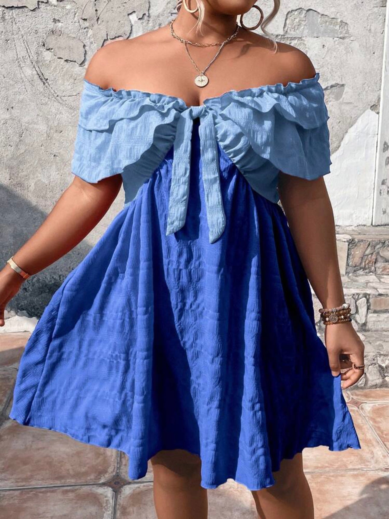 Two Tone Off Shoulder Ribbon Front  Plus Size Dress