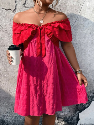 Two Tone Off Shoulder Ribbon Front  Plus Size Dress