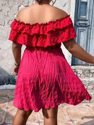 Two Tone Off Shoulder Ribbon Front  Plus Size Dress