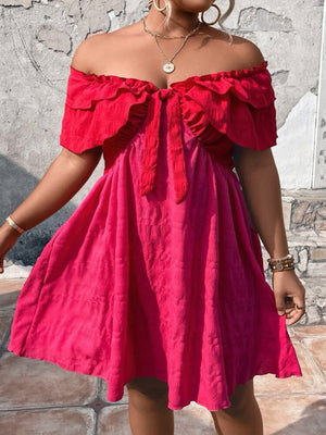 Two Tone Off Shoulder Ribbon Front  Plus Size Dress