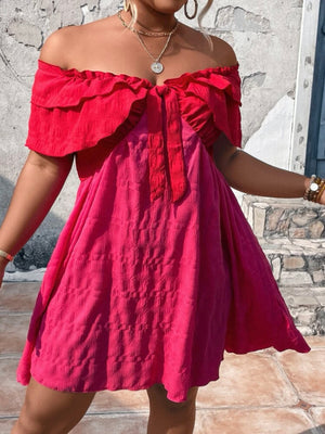 Two Tone Off Shoulder Ribbon Front  Plus Size Dress