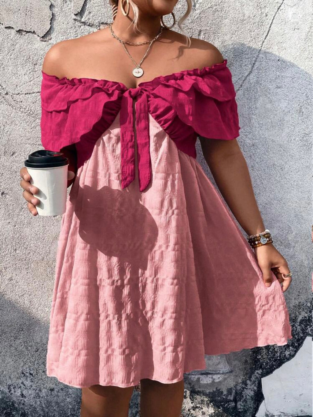 Two Tone Off Shoulder Ribbon Front  Plus Size Dress