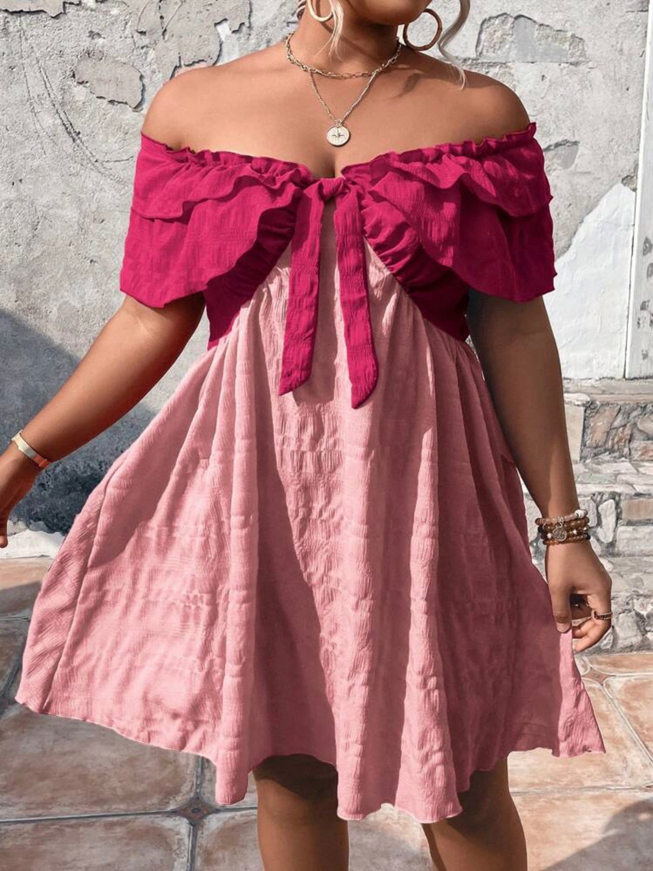 Two Tone Off Shoulder Ribbon Front  Plus Size Dress