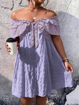 Two Tone Off Shoulder Ribbon Front  Plus Size Dress