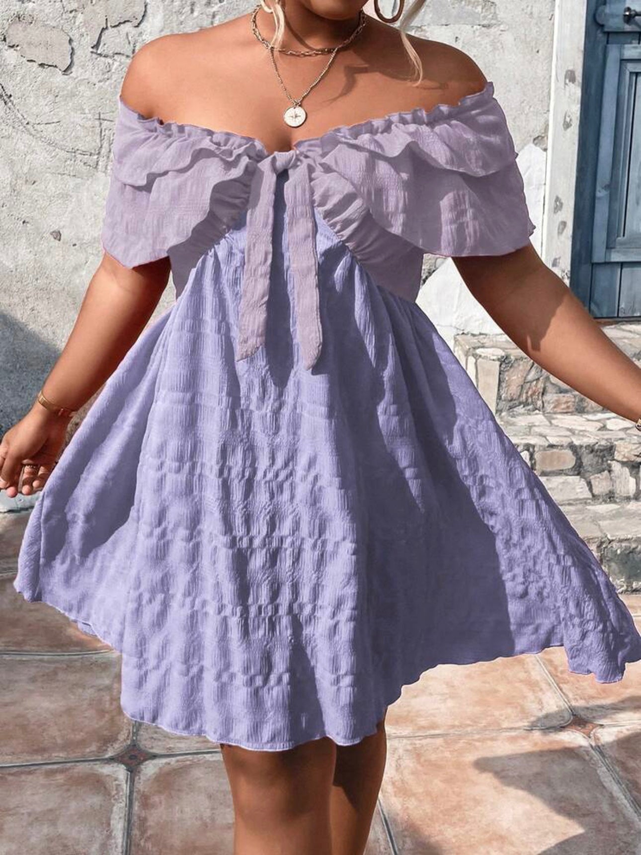 Two Tone Off Shoulder Ribbon Front  Plus Size Dress