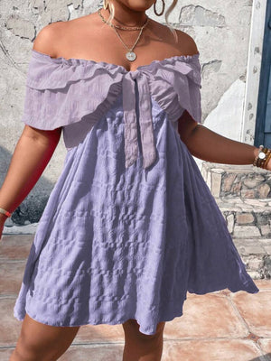 Two Tone Off Shoulder Ribbon Front  Plus Size Dress