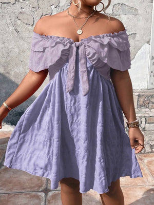 Two Tone Off Shoulder Ribbon Front  Plus Size Dress