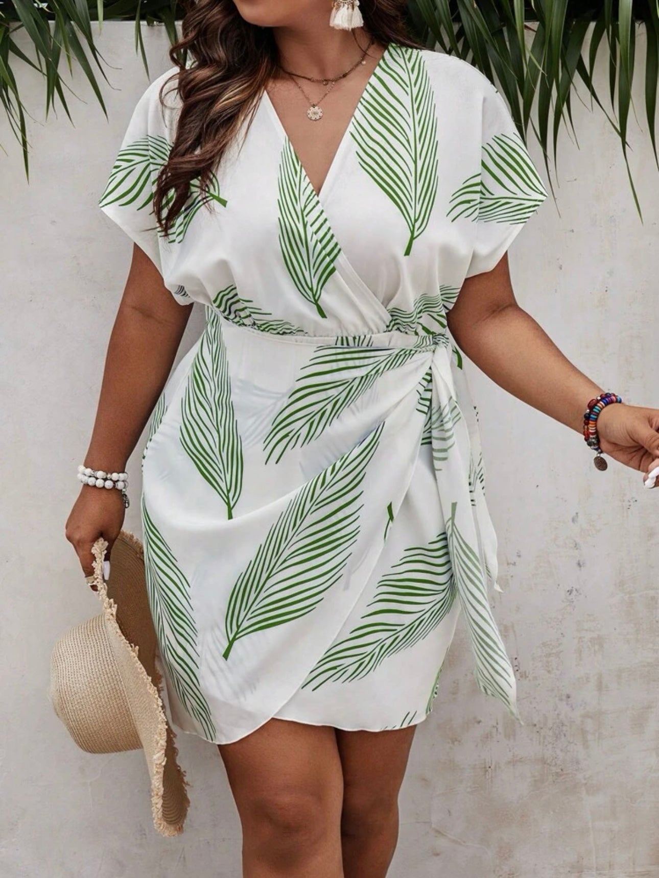 Plant Floral Surplice V-neck Batwing Sleeve 2-layer Bottom Plus Size Dress