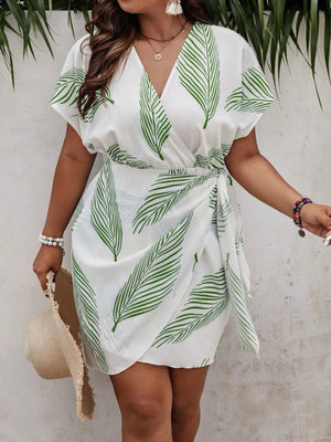 Plant Floral Surplice V-neck Batwing Sleeve 2-layer Bottom Plus Size Dress