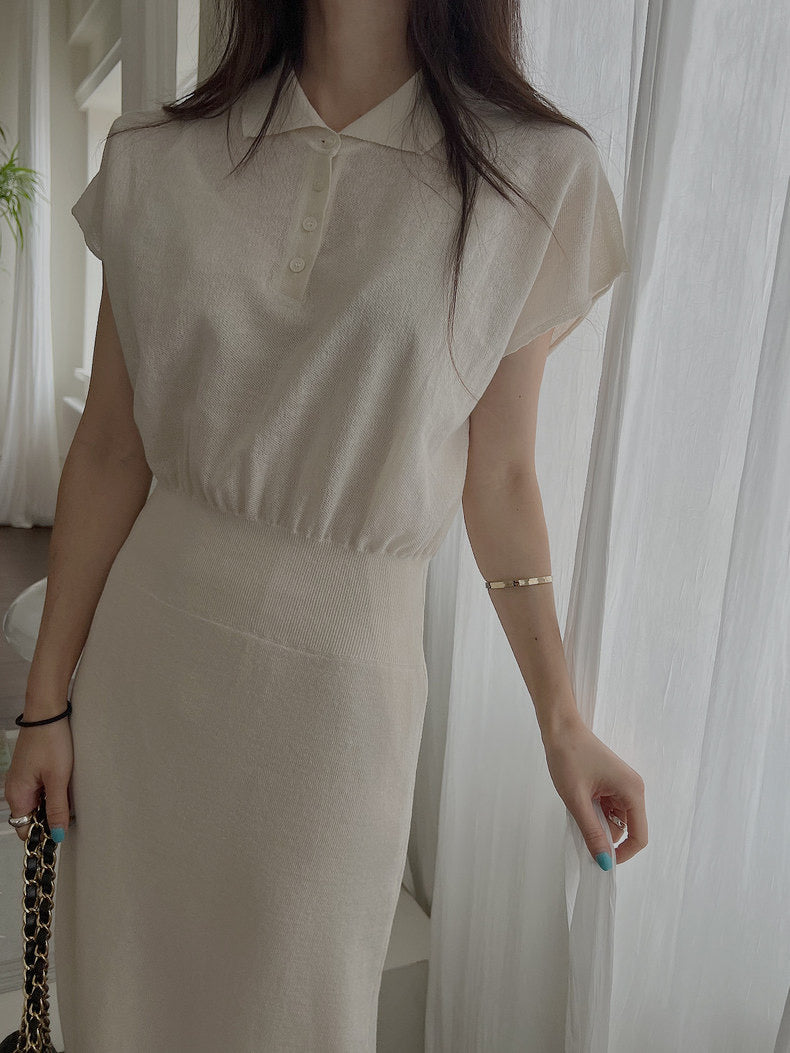 Button-up Polo Neck Batwing Sleeve Shirred Waist Knitted Dress