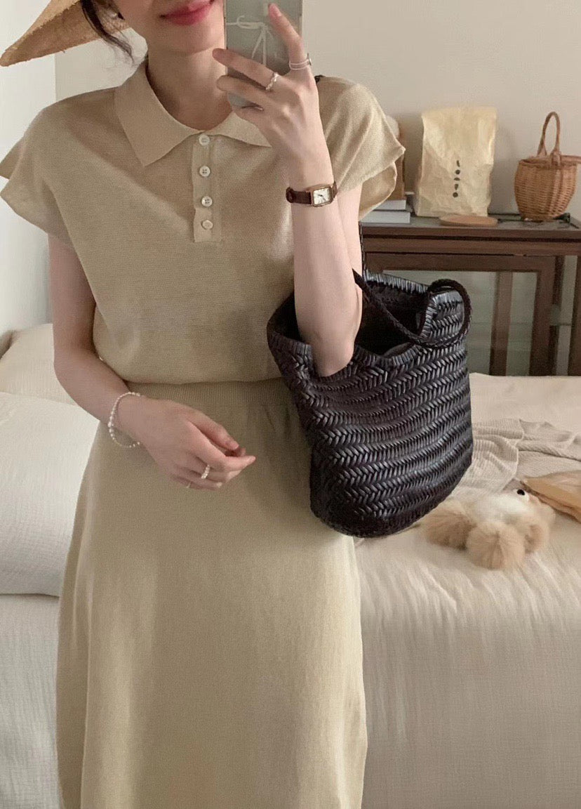 Button-up Polo Neck Batwing Sleeve Shirred Waist Knitted Dress