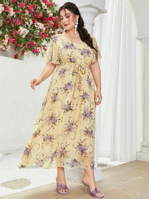 Oversize Sleeve Garter Self Belt V-neck Floral Plus Size Dress