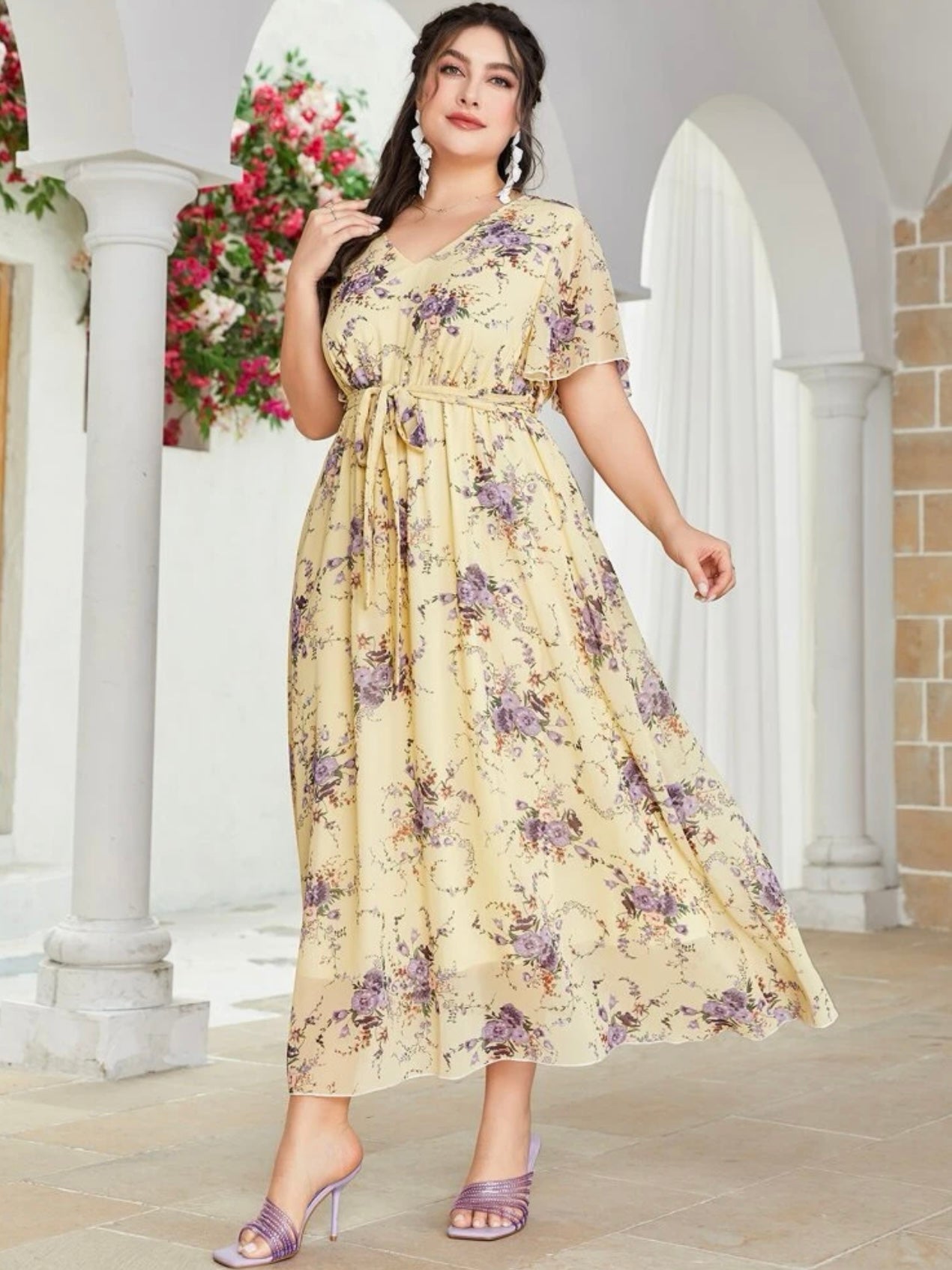 Oversize Sleeve Garter Self Belt V-neck Floral Plus Size Dress