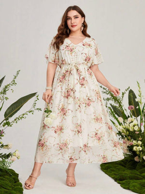 Oversize Sleeve Garter Self Belt V-neck Floral Plus Size Dress