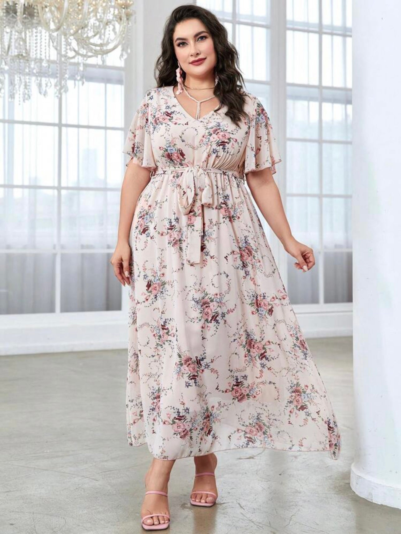 Oversize Sleeve Garter Self Belt V-neck Floral Plus Size Dress