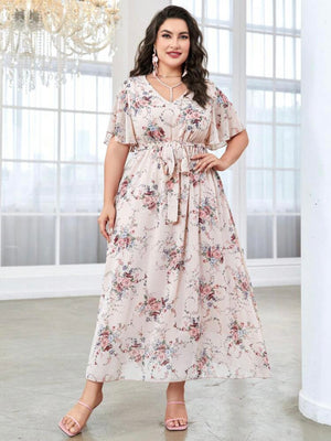 Oversize Sleeve Garter Self Belt V-neck Floral Plus Size Dress