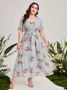 Oversize Sleeve Garter Self Belt V-neck Floral Plus Size Dress