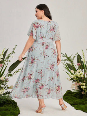 Oversize Sleeve Garter Self Belt V-neck Floral Plus Size Dress