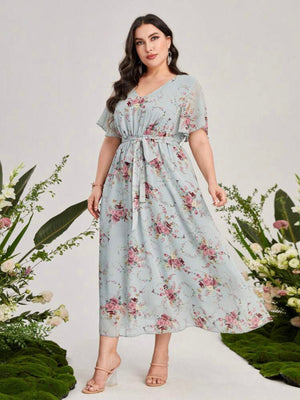 Oversize Sleeve Garter Self Belt V-neck Floral Plus Size Dress