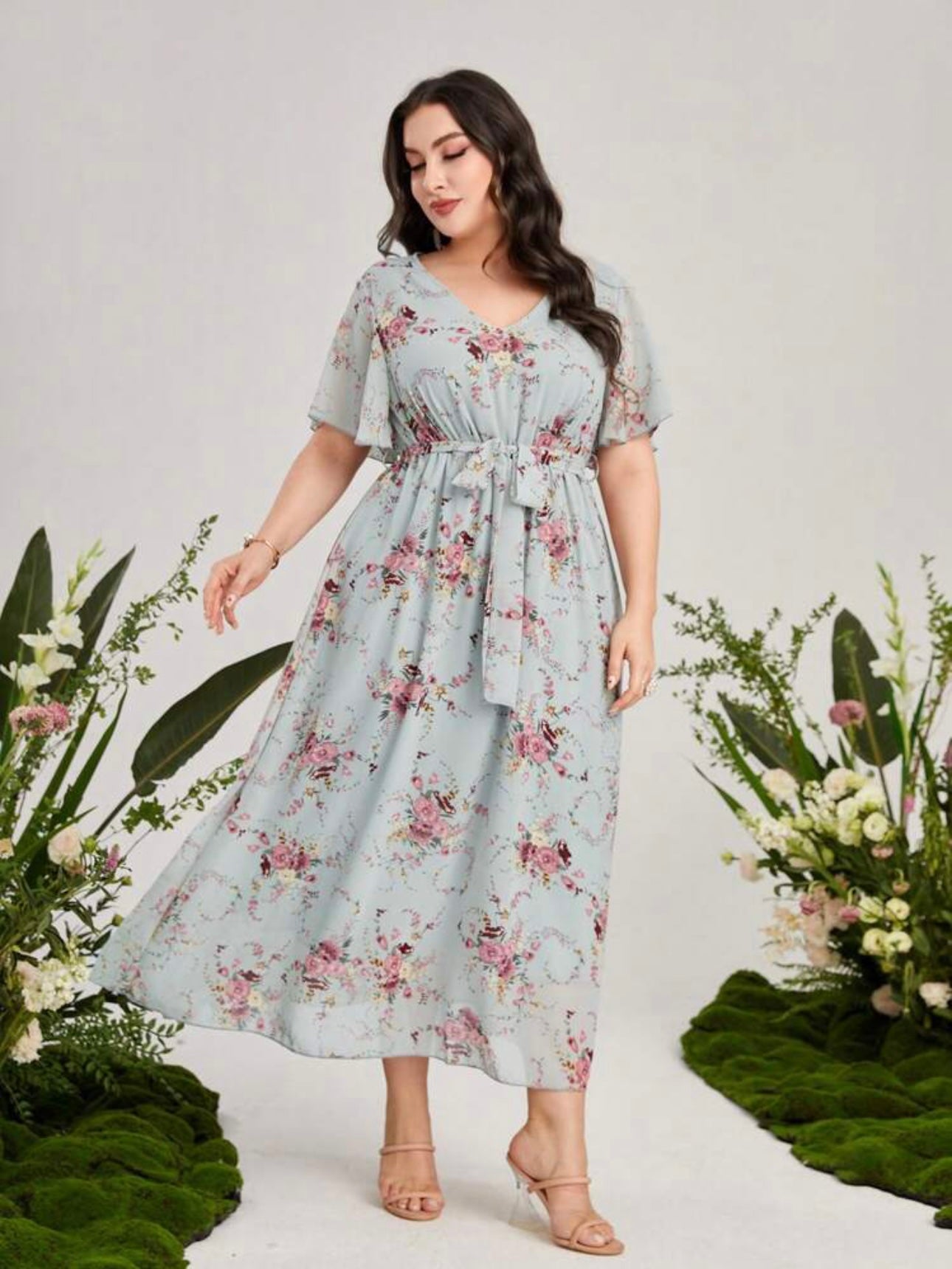 Oversize Sleeve Garter Self Belt V-neck Floral Plus Size Dress