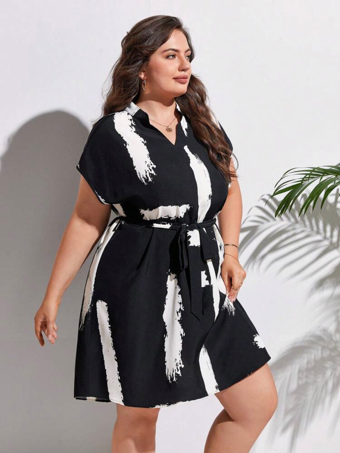 Splash Pattern Batwing Sleeve Polo Neck Self Belt Plus Size Dress