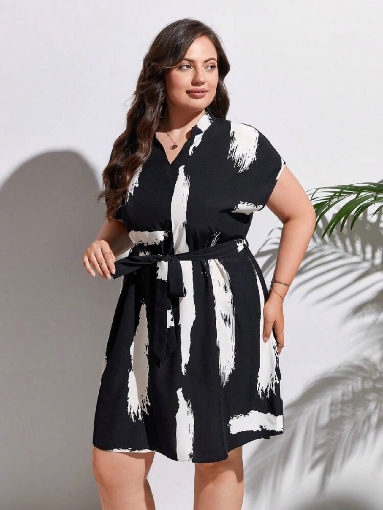 Splash Pattern Batwing Sleeve Polo Neck Self Belt Plus Size Dress