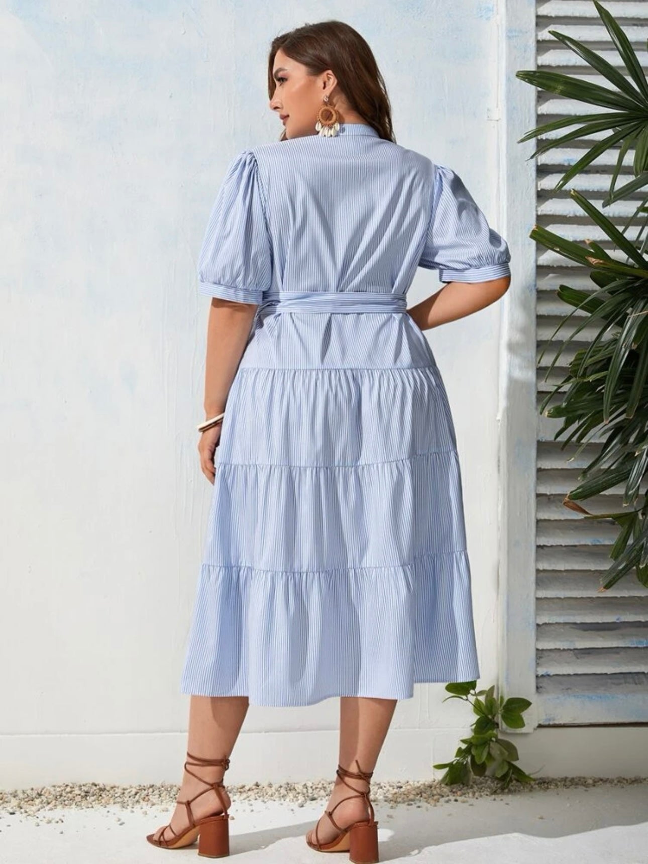 Polo V-neck Stripe Self Belt Plus Size Dress