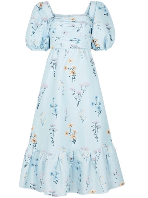 Ruched & Pleated Upper Unique Floral Square Neck Dress