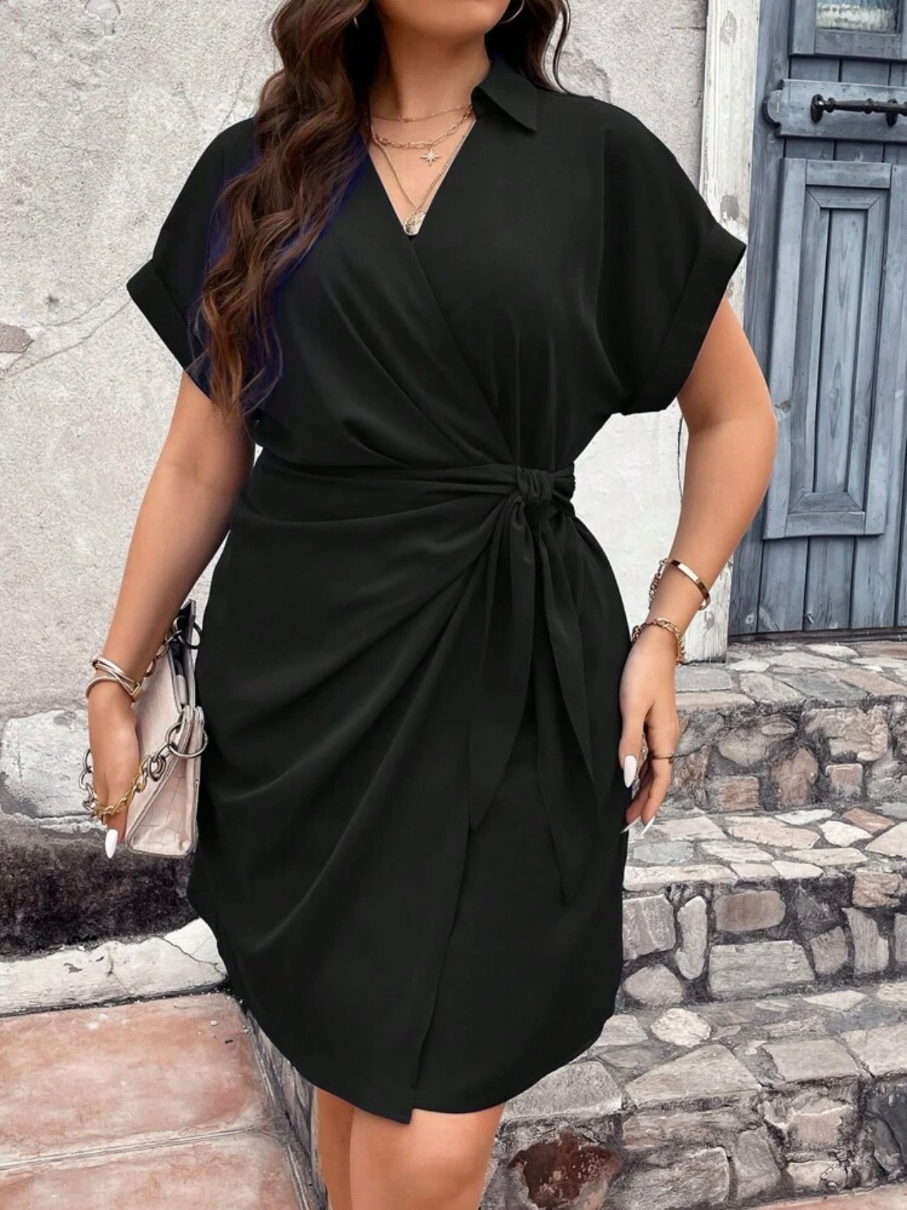 Fold-up Sleeve Side Bowknot 2-layer Bottom Polo Shirt Plus Size Dress