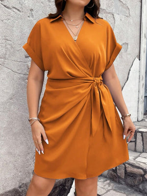 Fold-up Sleeve Side Bowknot 2-layer Bottom Polo Shirt Plus Size Dress