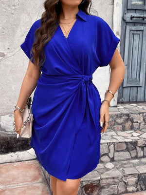 Fold-up Sleeve Side Bowknot 2-layer Bottom Polo Shirt Plus Size Dress