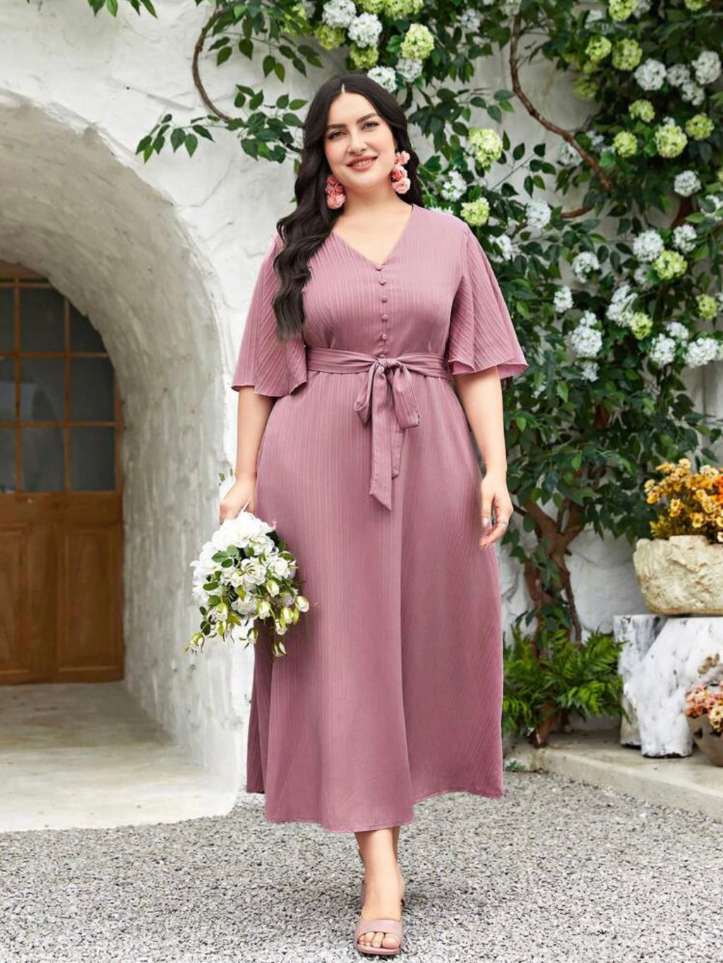 V-neck Button Up Self Belt Plus Size Dress