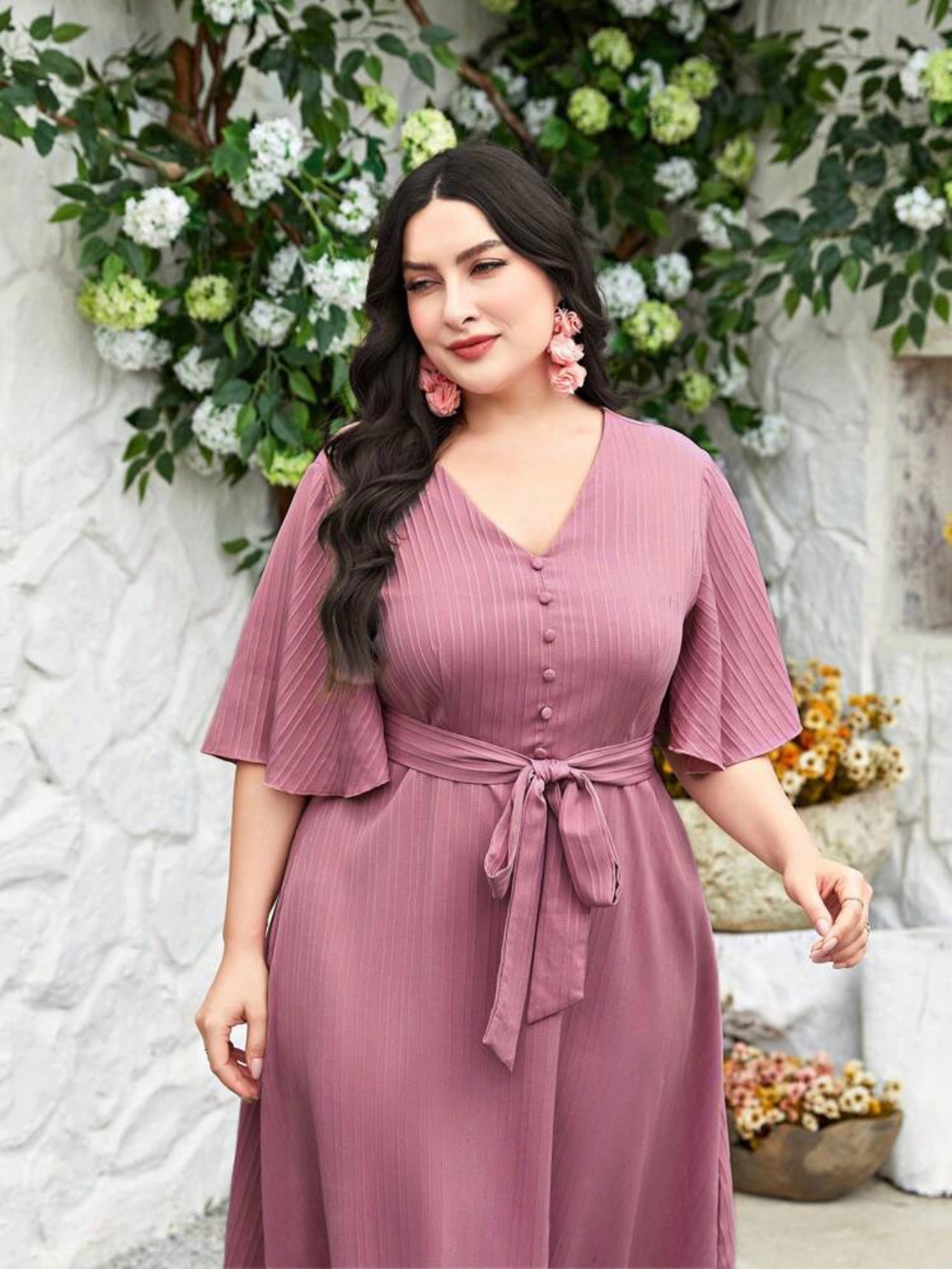 V-neck Button Up Self Belt Plus Size Dress