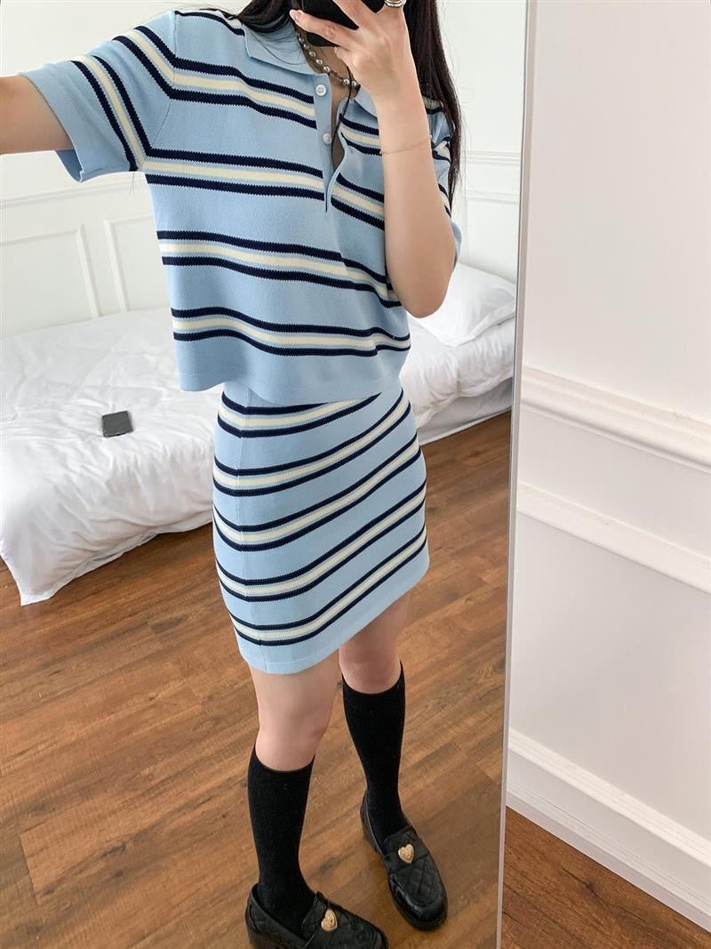 College Style Collar Neck Button Down Stripe Top & Skirt Terno Set Coords