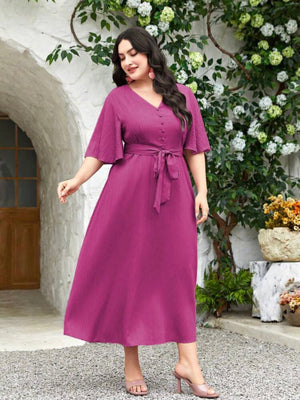 V-neck Button Up Self Belt Plus Size Dress