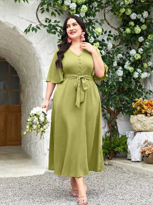 V-neck Button Up Self Belt Plus Size Dress