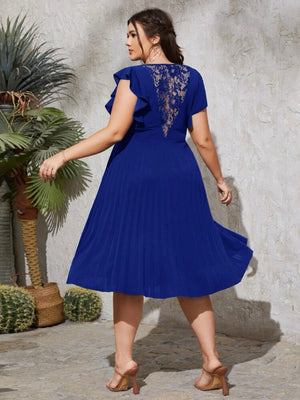 Pleated Lace Detail Ruffle Sleeve Plus Size Dress